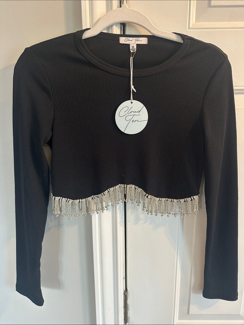 Cloud Ten Black Ribbed Long-Sleeve Cropped Top with Rhinestone Fringe